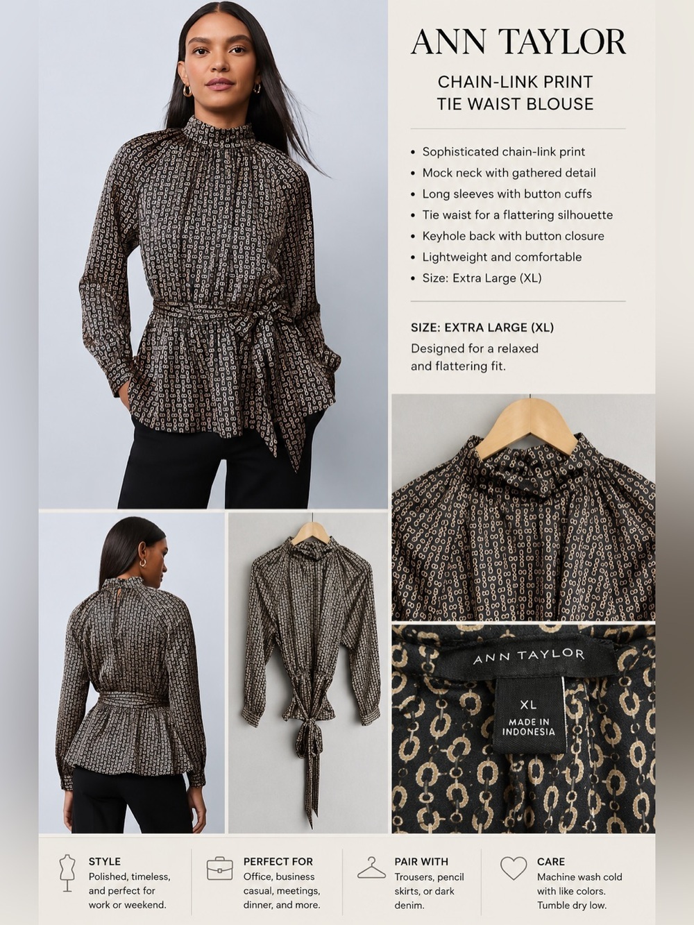 Ann Taylor Chain-Link Print Tie Waist Mock Neck Blouse Top XL